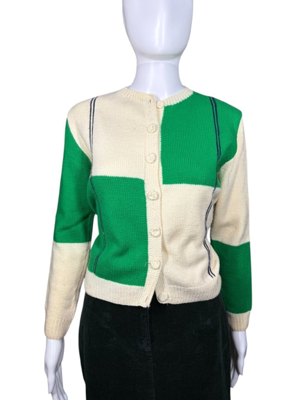 Vintage 50s / 60s Cream Green Block Cardigan Button Up Sweater Small
